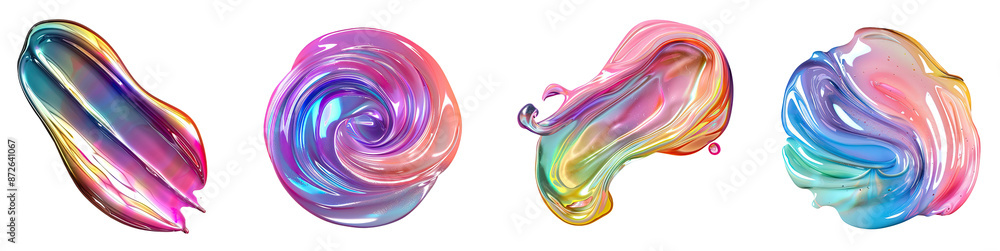 Set of top view colorful rainbow cream liquid fluid splashes, cosmetic beauty fashion, abstract shapes elements design, isolated on white background, png Set of top view colorful rainbow cream liquid fluid splashes, cosmetic beauty fashion, abstract shapes elements design, isolated on white background, png