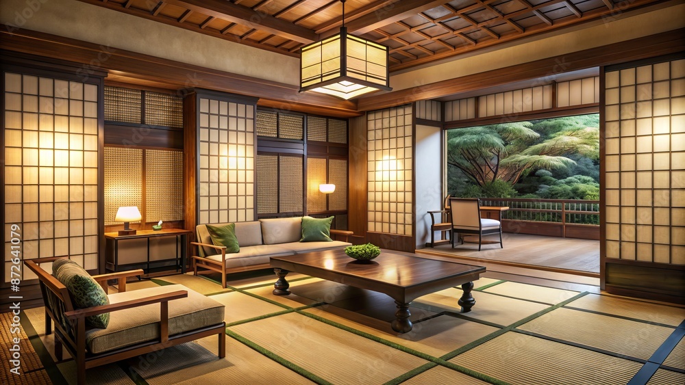 Fototapeta premium Traditional Japanese-inspired living room with ornate furniture, subtle lighting, and serene atmosphere, sans occupants, evoking feelings of tranquility.
