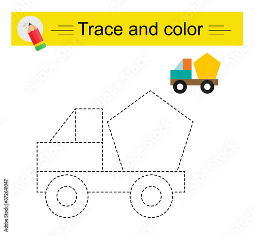 Trace and color for children. Preschool worksheet for practicing fine motor skills. Cartoon truck.