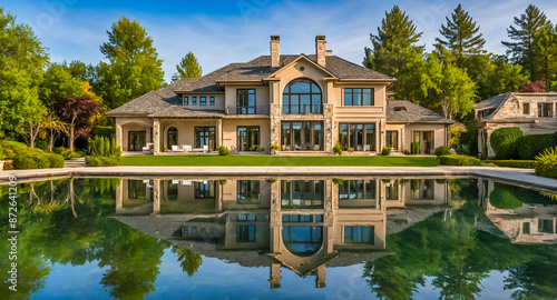 Beautiful luxury house reflected in pond calm water
