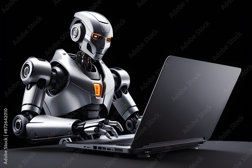 A modern robot using a laptop with an isolated background A modern robot using a laptop with an isolated background