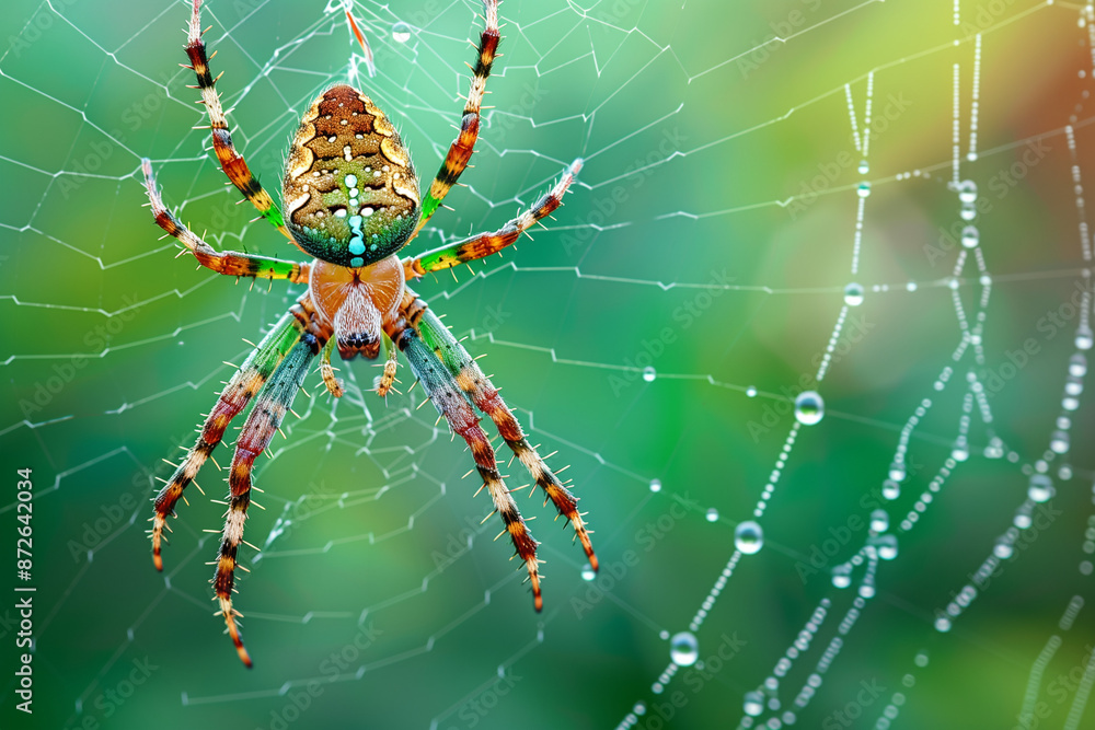 Colorful Spider Hanging in Web with Dew Drops Colorful Spider Hanging in Web with Dew Drops