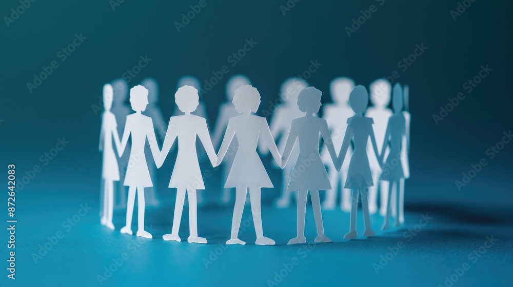 A group of paper cutouts of women holding hands in a circle. Concept of unity and togetherness among the women
