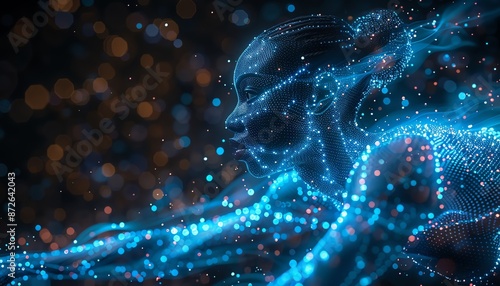 Digital illustration of a futuristic human figure made of glowing blue particles against a dark background, representing technology and innovation.