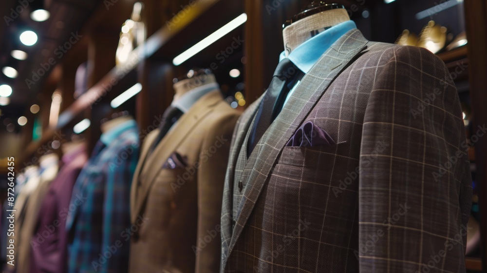 An elegant men's suit on a mannequin inside a trendy boutique, emphasizing the luxury and modernity of the menswear store. An elegant men's suit on a mannequin inside a trendy boutique, emphasizing the luxury and modernity of the menswear store.