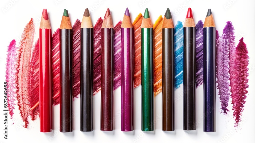 Naklejka premium Elegant assortment of luxurious eye liner pencils and lip liner pens isolated on white background, showcasing vibrant color smear samples.