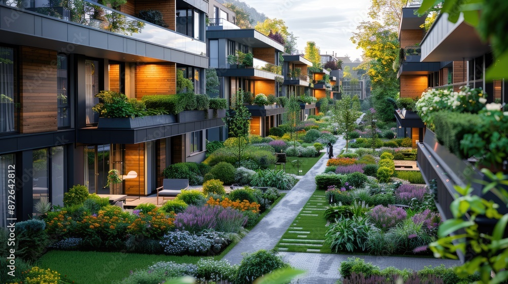 Obraz premium A row of houses with a green garden in between. The houses are tall and have balconies. The garden is well-maintained and has a variety of plants, including flowers and shrubs