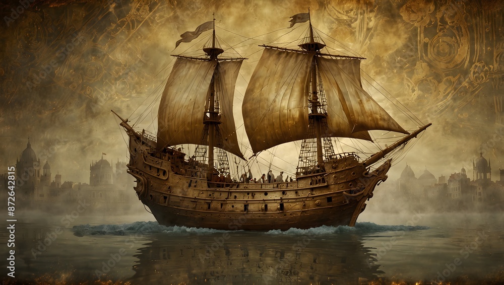 Naklejka premium The secrets hidden within the ancient engravings of a golden ship ai_generated