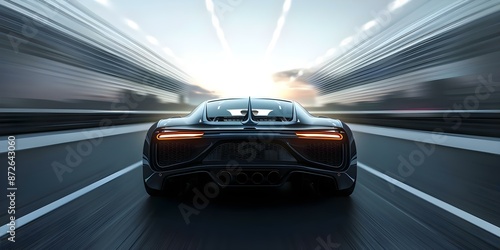 Fast blue sports car on highway with motion blur effect from rear. Concept Fast cars, Blue sports car, Highway driving, Motion blur effect, Speedy vehicles © Ян Заболотний