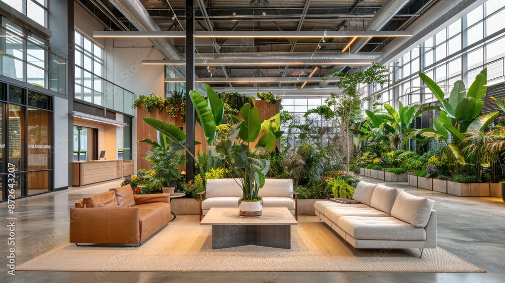 A large room with a lot of plants and furniture. The furniture is white and brown. The room has a modern and sophisticated feel A large room with a lot of plants and furniture. The furniture is white and brown. The room has a modern and sophisticated feel