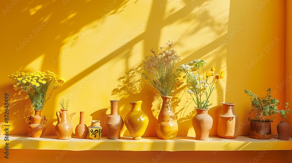 Fototapeta premium Colorful Ceramic Vases on Display Shelf. and Room decuration piesec.buddha statue in temple and Yellow background. AI Generated image. 