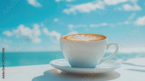 Coffee latte art making by barista, Cup of coffee with beautiful Latte art on white cup against blue sky advertising style images