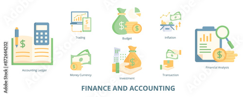 Finance and Accounting Flat Banner Web Icon Set Vector Illustration, Accounting Ledger Budget Financial Analysis Investment Money Currency Trading Transaction Inflation