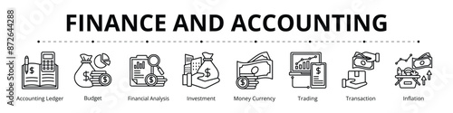 Finance and Accounting Line Banner Web Icon Set Vector Illustration, Accounting Ledger Budget Financial Analysis Investment Money Currency Trading Transaction Inflation
