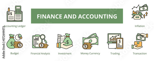 Finance and Accounting Lineal Color Banner Web Icon Set Vector Illustration, Accounting Ledger Budget Financial Analysis Investment Money Currency Trading Transaction Inflation