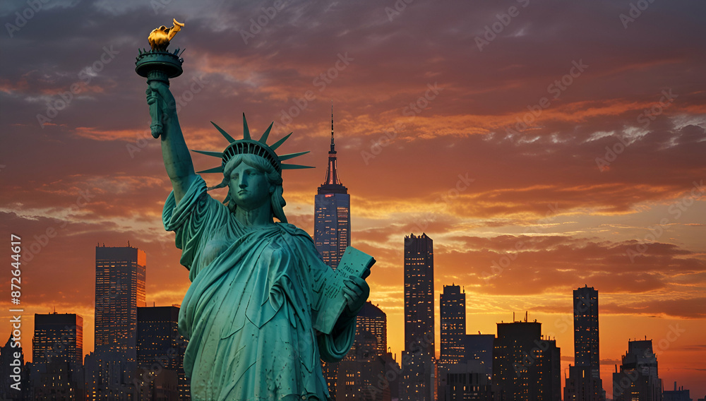 Fototapeta premium Panorama of Statue of Liberty against Manhattan cityscape background in New York City, NY, USA, Generative AI