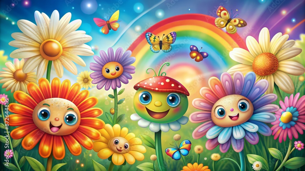 Fototapeta premium Whimsical summer illustration featuring smiling daisies, sparkly flowers, rainbow hues, mushroom, butterfly, and playful eyes on a vibrant colorful background.