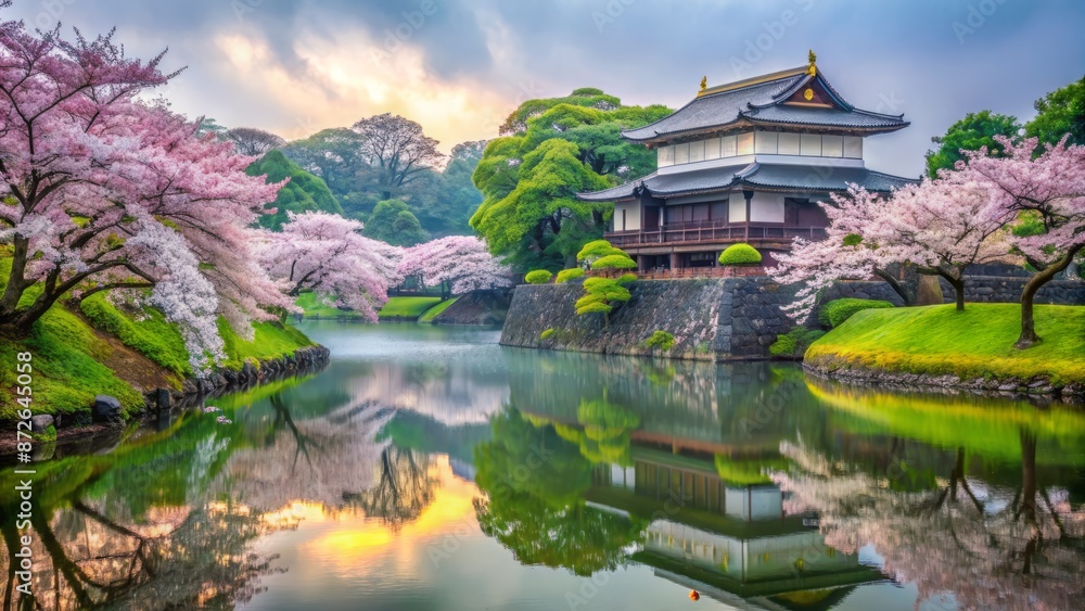 Serene misty morning atmosphere in Tokyo's imperial palace east garden with lush greenery and vibrant cherry blossoms in bloom. Serene misty morning atmosphere in Tokyo's imperial palace east garden with lush greenery and vibrant cherry blossoms in bloom.