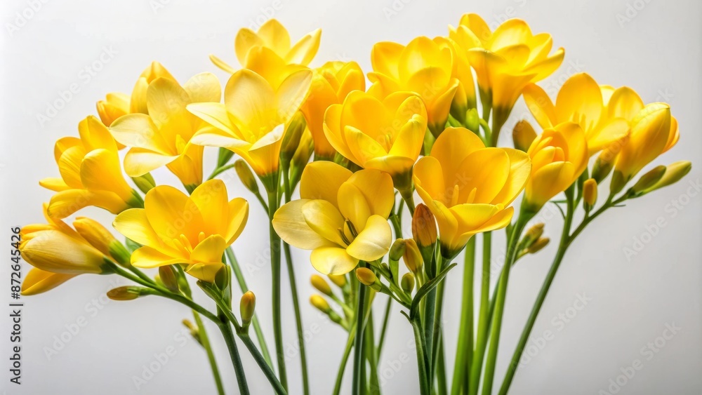 Vibrant yellow freesia blooms stand upright, delicate petals unfolding, against a clean white background, evoking feelings of serenity and elegance. Vibrant yellow freesia blooms stand upright, delicate petals unfolding, against a clean white background, evoking feelings of serenity and elegance.