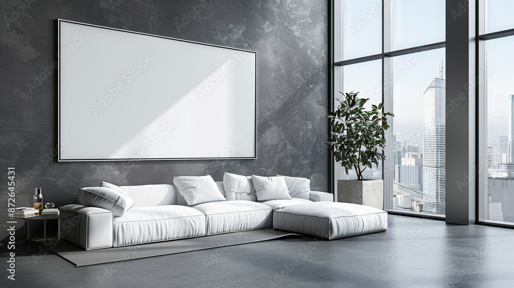 Modern living room with grey tones, sleek furniture, and city view. Modern living room with grey tones, sleek furniture, and city view.
