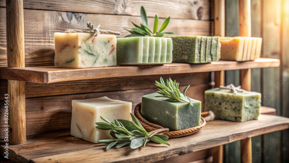 Soft natural light illuminates a rustic wood shelf holding artisanal soap bars in neutral tones and sage green accents. Soft natural light illuminates a rustic wood shelf holding artisanal soap bars in neutral tones and sage green accents.