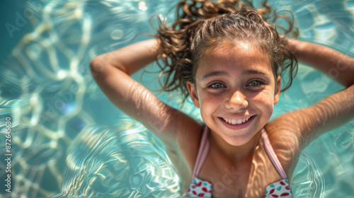 A young pre-teen girl smiling as she floats in a hotel or public swimming pool. Summer fun. Youthful activities. photo