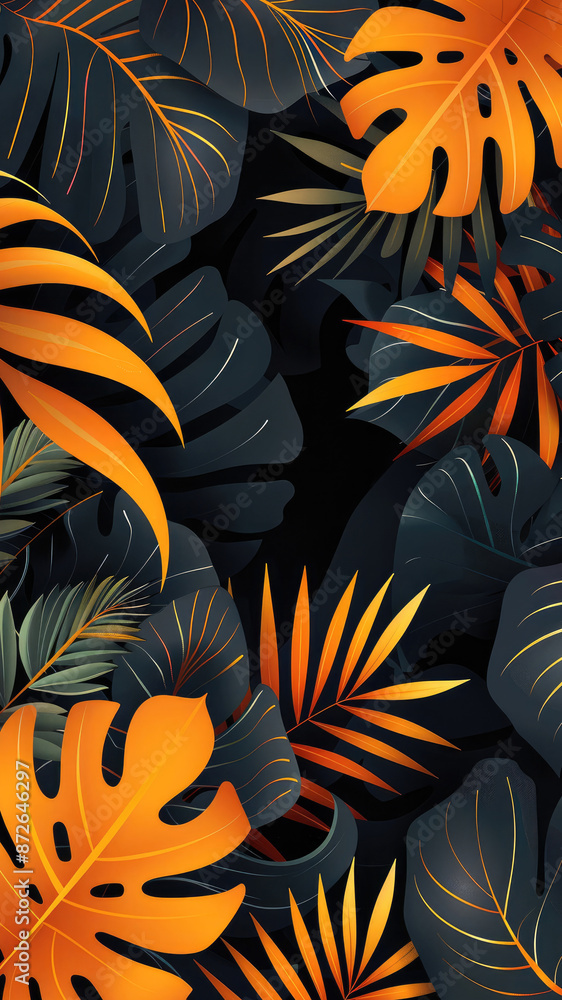 Orange and black background, tropical vibe, music and chill, vector design, line art style. Generative AI. Orange and black background, tropical vibe, music and chill, vector design, line art style. Generative AI.