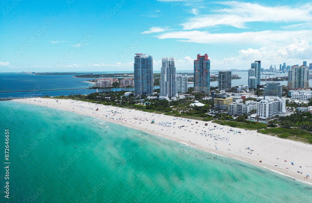 Aerial view of South Pointe Park. Miami Beach. Florida. USA. Weekend in Miami Beach. Aerial panoramic view of the city of Miami, buildings, marina, yachts and luxurious apartments. Aerial view of South Pointe Park. Miami Beach. Florida. USA. Weekend in Miami Beach. Aerial panoramic view of the city of Miami, buildings, marina, yachts and luxurious apartments.