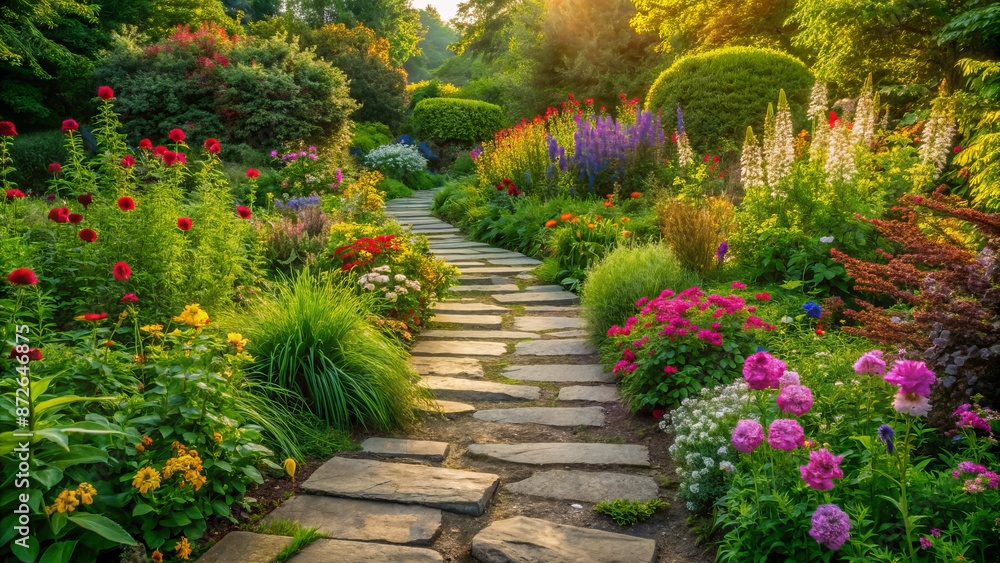 Serene natural garden pathway composed of weathered stone slabs winding through lush greenery and vibrant blooming flowers peacefully Serene natural garden pathway composed of weathered stone slabs winding through lush greenery and vibrant blooming flowers peacefully