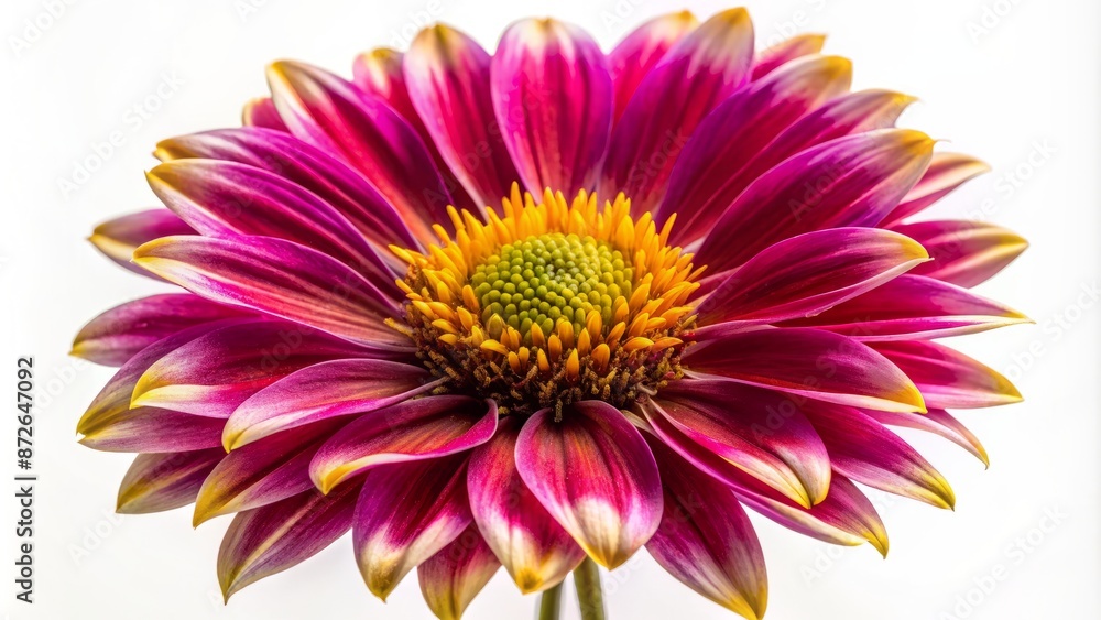Obraz premium Vibrant, isolated wildflower with rich, velvety petals in shades of pink, yellow, and purple against a pure white background.