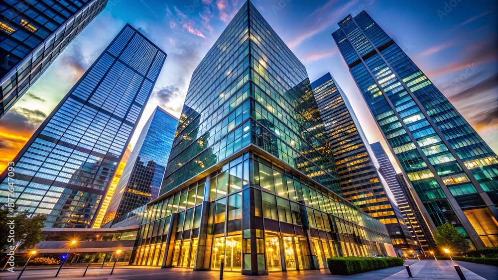 Fototapeta premium Modern sleek angular glass skyscraper with futuristic design elements and neon lights reflects urban cityscape at dusk ambiance.