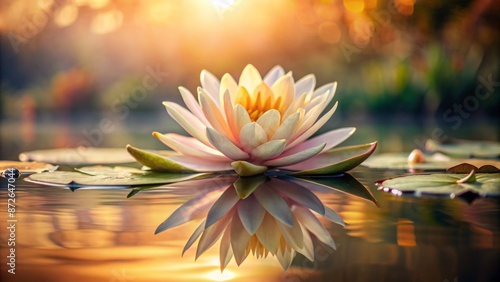 Serene warm-toned background featuring a delicate water lily, soft petals, and subtle ripples on a quiet mirror-like lake surface.