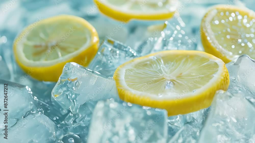 Fresh lemon slices on ice cubes, background close-up Fresh lemon slices on ice cubes, background close-up