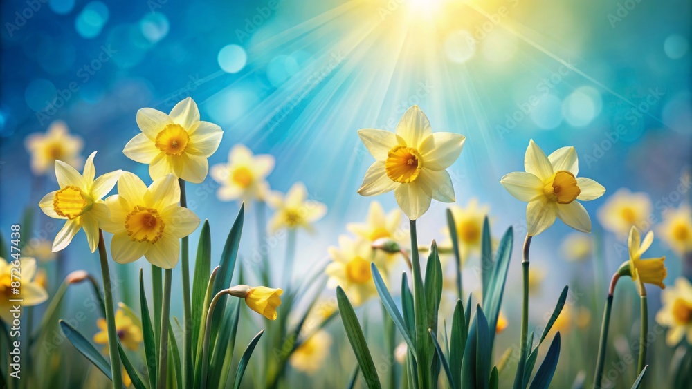 Fototapeta premium Serenely minimalist light blue spring background with delicate, bright yellow daffodils swaying gently in a soft, warm, sunny atmosphere.
