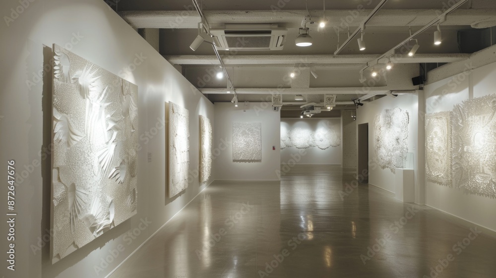 Art exhibition with wall covered with paper art and gallery lighting, Art exhibition with wall covered with paper art and gallery lighting,
