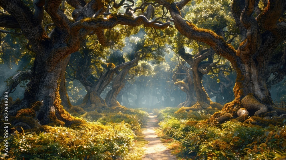 A beautiful fairytale enchanted forest with big trees and great vegetation A beautiful fairytale enchanted forest with big trees and great vegetation