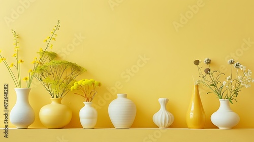 Colorful Ceramic Vases on Display Shelf. and Room decuration piesec.buddha statue in temple and Yellow background. AI Generated image.
 photo