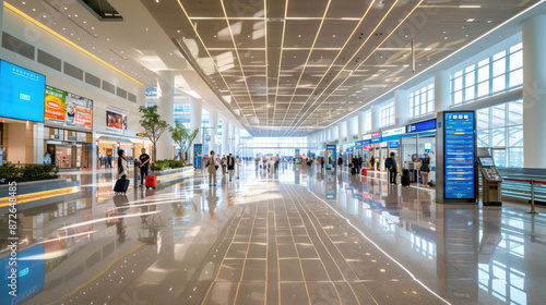An efficient and modern airport terminal, with digital displays, travelers moving through security, and a variety of shops and amenities