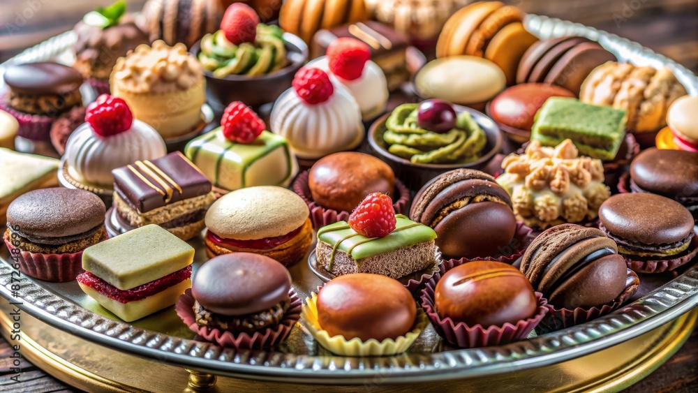 Elegant arrangement of bite-sized sweets, such as macarons, petit fours, and chocolates, on a decorative platter, exuding luxury sophistication. Elegant arrangement of bite-sized sweets, such as macarons, petit fours, and chocolates, on a decorative platter, exuding luxury sophistication.