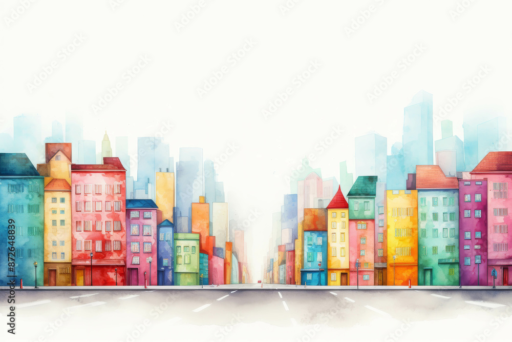 Colorful Cityscape with Brightly Painted Buildings and Soft Background Skyscrapers Colorful Cityscape with Brightly Painted Buildings and Soft Background Skyscrapers