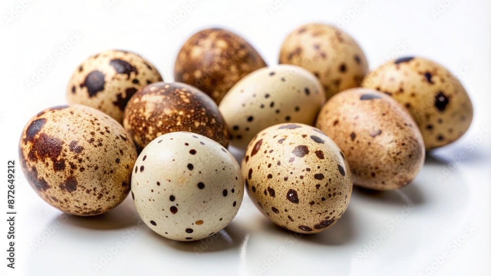 Delicate, small beige quail eggs with tiny brown speckles rest peacefully on a clean, crisp, and pure white background. Delicate, small beige quail eggs with tiny brown speckles rest peacefully on a clean, crisp, and pure white background.