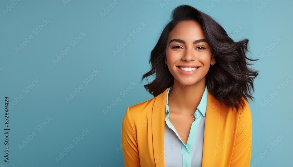 Happy beauty business girl, smiling and laughing, wearing bright clothes on bright solid background Happy beauty business girl, smiling and laughing, wearing bright clothes on bright solid background
