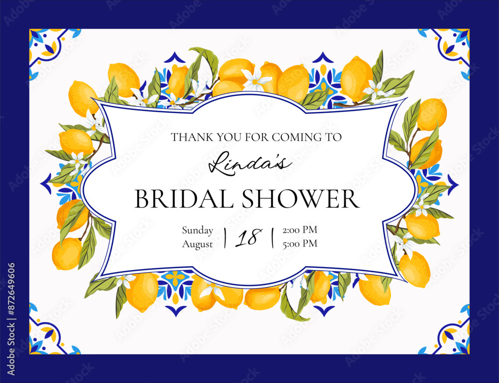 Fototapeta premium Lemon Positano Bridal Shower Invitation. Lemon and Blue Tiles Bridal Shower invitation. Mediterranean, Portugues Italian Blue Tiles. Talavera Party Invitation. Vector illustration.