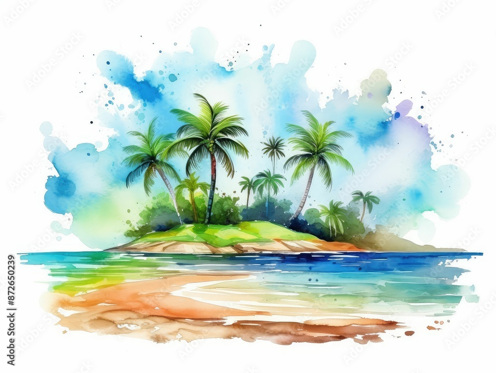 Fototapeta premium watercolor Beach scene with palm trees and seashells, tropical paradise, realistic style, bright colors, Watercolor seascapes illustration.