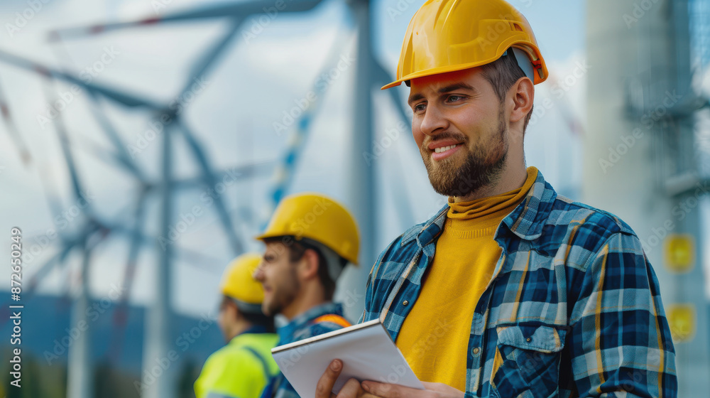 Photo of Electrical engineer planning wind turbine repair with team, realistic, closeup, joyful Photo of Electrical engineer planning wind turbine repair with team, realistic, closeup, joyful