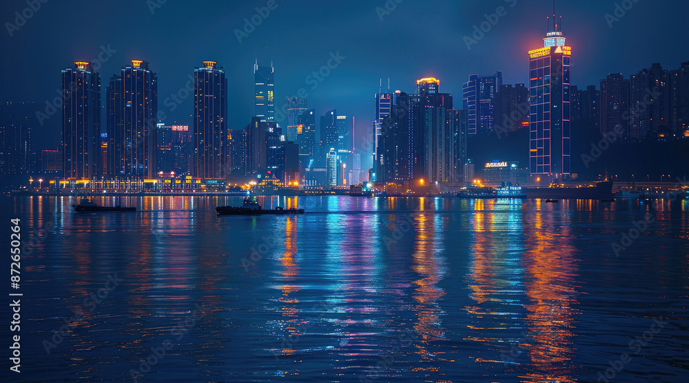 Naklejka premium City skyscrapers on the coast, night view, ships on the sea, airplanes flying in the sky, great urban landscape. Generative AI.