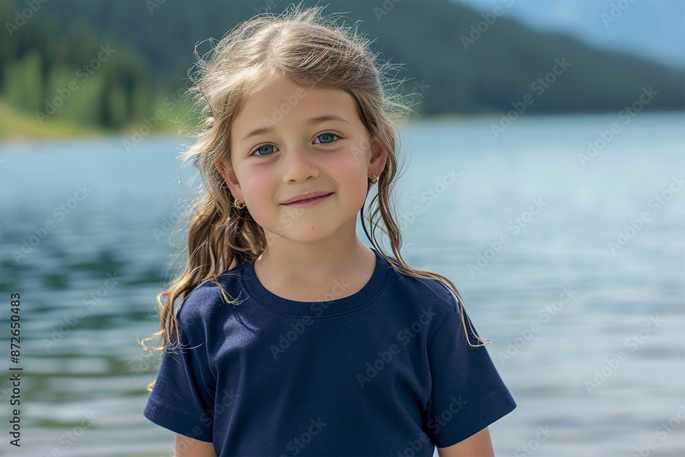 Girl kid navy blue round neck blank t-shirt mockup with model Girl kid navy blue round neck blank t-shirt mockup with model