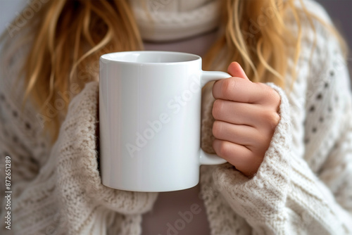 White blank mug mockup - indoor mug mockup with model - mug holding by hand