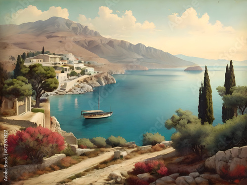 Vintage Greece Landscape Watercolor Illustration Art