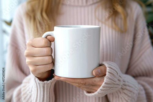 White blank mug mockup - indoor mug mockup with model - mug holding by hand